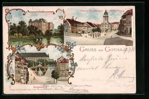 Lithographie Gotha, Schlossberg, Oberer Hauptmarkt mit Rathaus