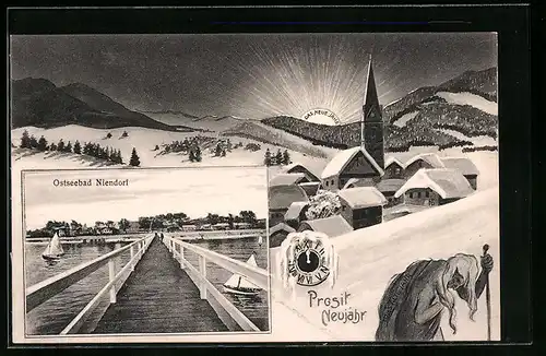 AK Niendorf, Ort bei Schnee, Steg mit Segelbooten