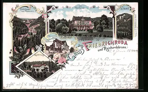 Lithographie Friedrichroda, Inselsberg Gothaisches Gasthaus, Klostermühle
