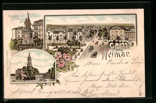 Lithographie Weimar, Kriegerdenkmal, Schloss