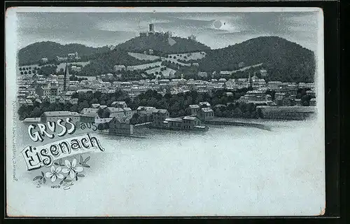 Mondschein-Lithographie Eisenach, Ortsansicht mit Kirche und Burg