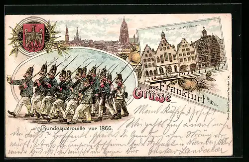 Lithographie Alt-Frankfurt, Bundespatrouille vor 1866, Römer und alte Häuser
