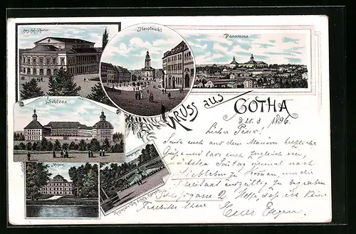 Lithographie Gotha, Hauptmarkt, Schloss, Herz. Hof-Theater