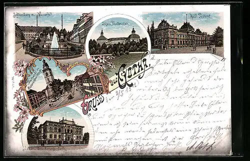 Lithographie Gotha, Schlossberg m. Wasserfall, Kaisl. Postamt