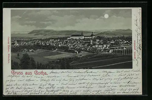 Mondschein-Lithographie Gotha, Ortsansicht mit Schloss