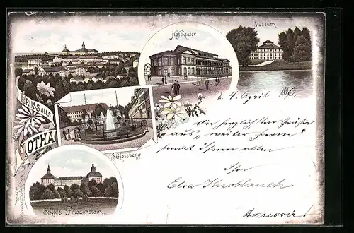 Lithographie Gotha, Hoftheater, Museum, Schlossberg