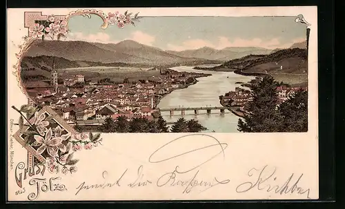 Lithographie Tölz, Ortsansicht mit Fluss und Brücke