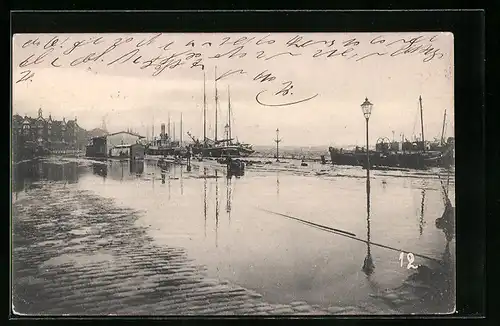 AK Kiel, Sturmflut am 31. Dezember 1904 in der Kaistrasse