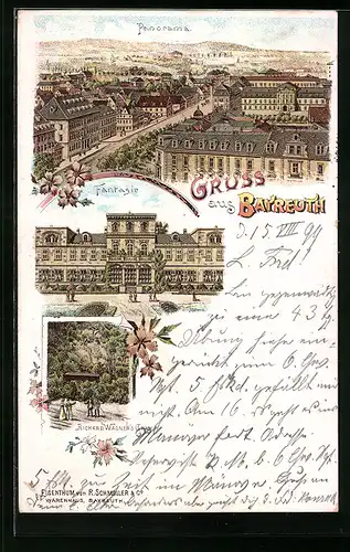 Lithographie Bayreuth, Panorama, Fantasie, Richard Wagner`s Grab