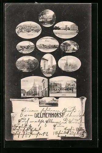 AK Delmenhorst, Marktplatz, Linoleum-Fabrik, Kriegerdenkmal, Langestrasse