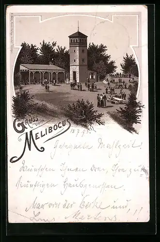 Vorläufer-Lithographie Auerbach, Gasthaus und Aussichtsturm auf dem Melibocus, 1893