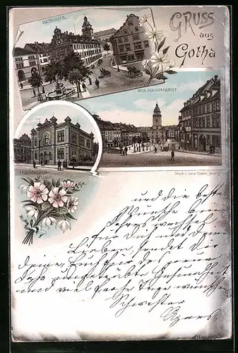 Lithographie Gotha, Der Hauptmarkt, Rathhaus, Freimaurerloge