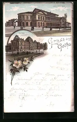 Lithographie Gotha, Hof-Theater, Kaiserl. Postamt
