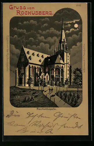 Steindruck-AK Rochusberg, Rochuskapelle im Mondschein
