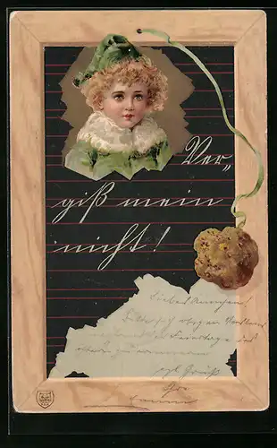 Präge-AK Mädchen durch Schultafel mit Schwamm, Passepartout