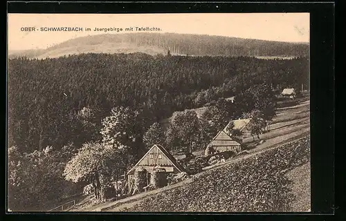AK Ober-Schwarzbach im Isergebirge, Ortsansicht mit Tafelfichte