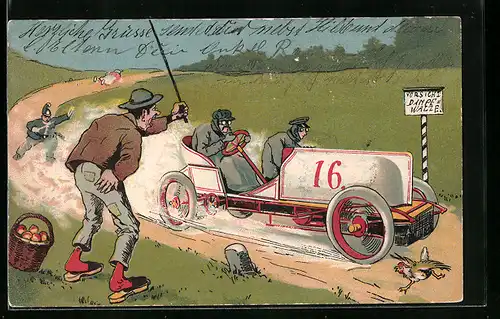 Künstler-AK Wachmann läuft einem Rennwagen hinterher