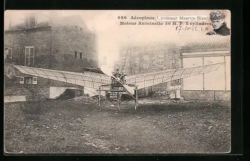 AK Aeroplane, Moteur Antoinette 50 HP 3 Cylindres, L`aviateur Maurice Blanc aufgeklebt