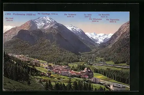 AK Pontresina, Teilansicht mit Bergen, Piz Chalchagn, Piz Tschierva