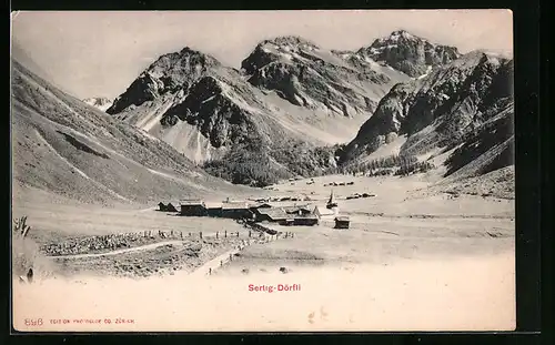 AK Sertig-Dörfli, Teilansicht mit Bergen