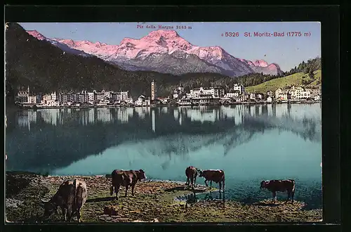 AK St. Moritz-Bad, Ortspartie mit See und Bergen