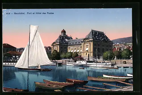 AK Neuchatel, Port et Hotel des Postes, Dampfer Hallwyl