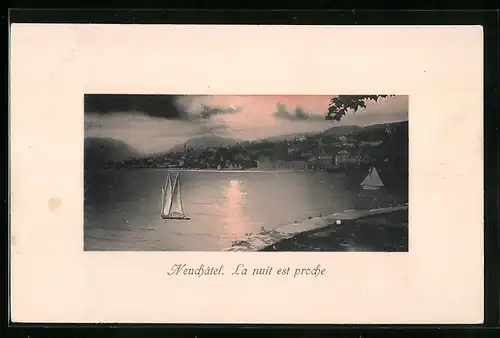 AK Neuchatel, Teilansicht mit Segelschiffen auf See