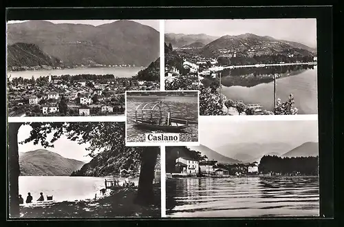 AK Caslano, Ortsansicht mit Bergen und See