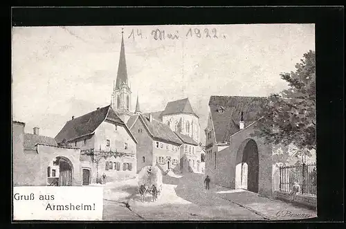 AK Armsheim, Strassenpartie mit Kirche