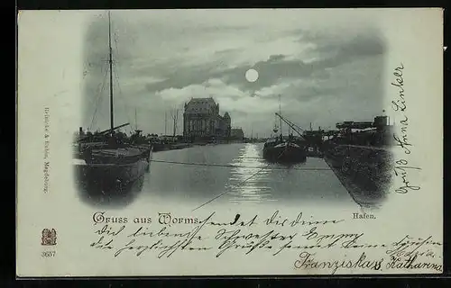 Mondschein-AK Worms, Hafen mit Booten