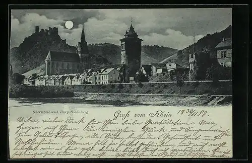 Mondschein-AK Oberwesel /Rhein, Burg Schönburg und Kirche