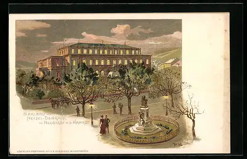 Lithographie Neustadt a. d. Haardt, Saalbau mit Hetzel-Denkmal