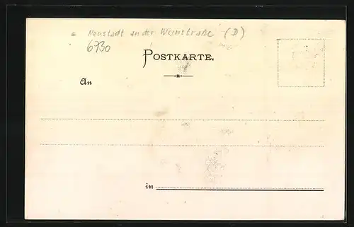 Lithographie Neustadt a. d. Haardt, Saalbau mit Hetzel-Denkmal