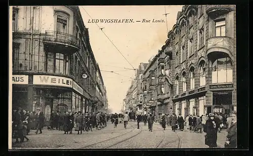 AK Ludwigshafen, Rue Louis mit Geschäft von Gebr. Rothschild