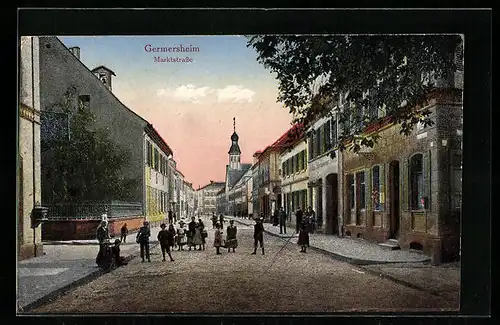 AK Germersheim, Marktstrasse mit Kirche