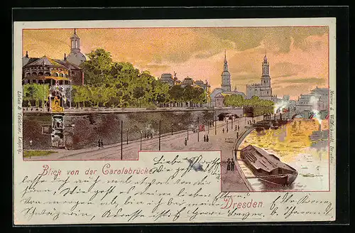 Lithographie Dresden, Blick von der Carolabrücke