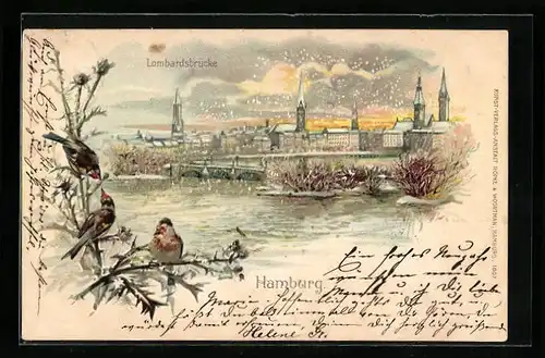 Lithographie Hamburg-Neustadt, Teilansicht mit Lombardsbrücke im Winter