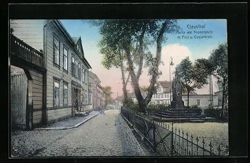 AK Clausthal, Kronenplatz mit Post und Goslarerstrasse