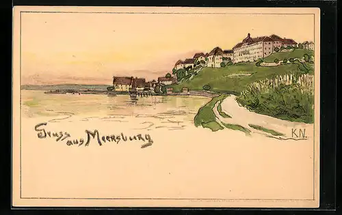 Lithographie Meersburg, Ortsansicht mit Bodensee
