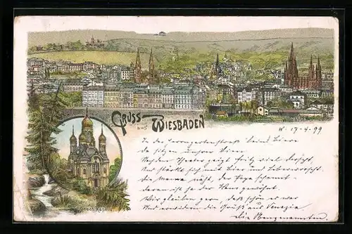 Lithographie Wiesbaden, Ortsansicht und Griechische Kapelle