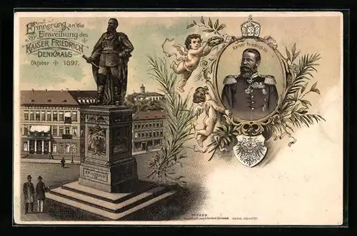 Lithographie Wiesbaden, Erinnerung an Einweihung des Kaiser-Friedrich-Denkmals 1897, Kaiser Friedrich III., Wappen