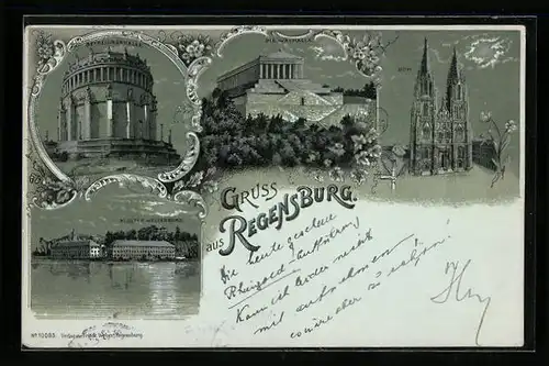 Mondschein-Lithographie Regensburg, Befreiungshalle, Dom, Walhalla