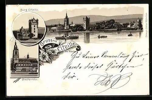 Lithographie Eltville, Teilansicht, Burg und Stadtkirche