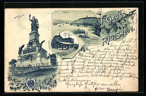 Lithographie Rüdesheim, Ortsansicht, Bahnhof der Zahnradbahn