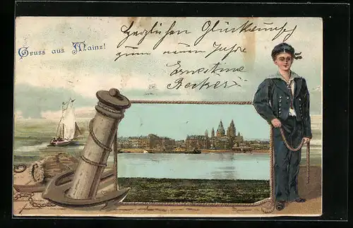 Präge-Lithographie Mainz, Panorama vom Wasser, Matrose mit Anker