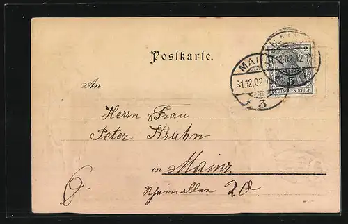 Präge-Lithographie Mainz, Panorama vom Wasser, Matrose mit Anker