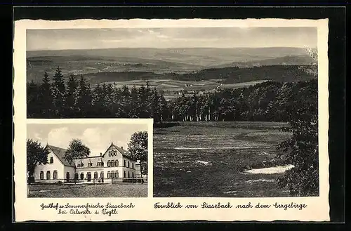 AK Süssebach bei Oelsnitz i. V., Fernblick von Süssebach nach dem Erzgebirge, Gasthof und Sommerfrische Süssebach