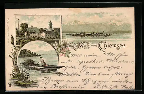 Vorläufer-Lithographie Chiemsee, Frauen-Insel, Kirche, Frau im Ruderboot, 1894