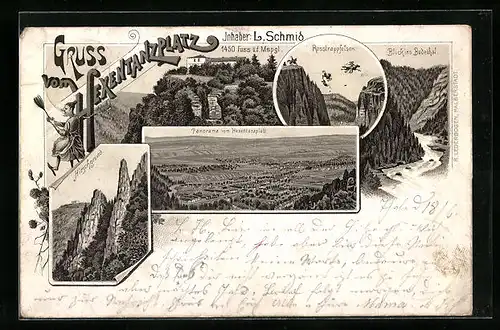 Lithographie Thale, Hotel auf dem Hexentanzplatz, Panorama vom Hexentanzplatz aus, Rosstrappfelsen