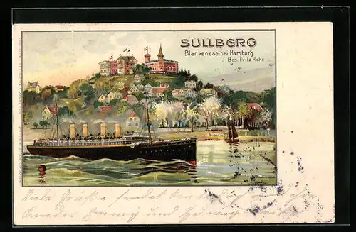 Lithographie Blankenese, Gasthaus auf dem Süllberg, Dampfer auf der Elbe